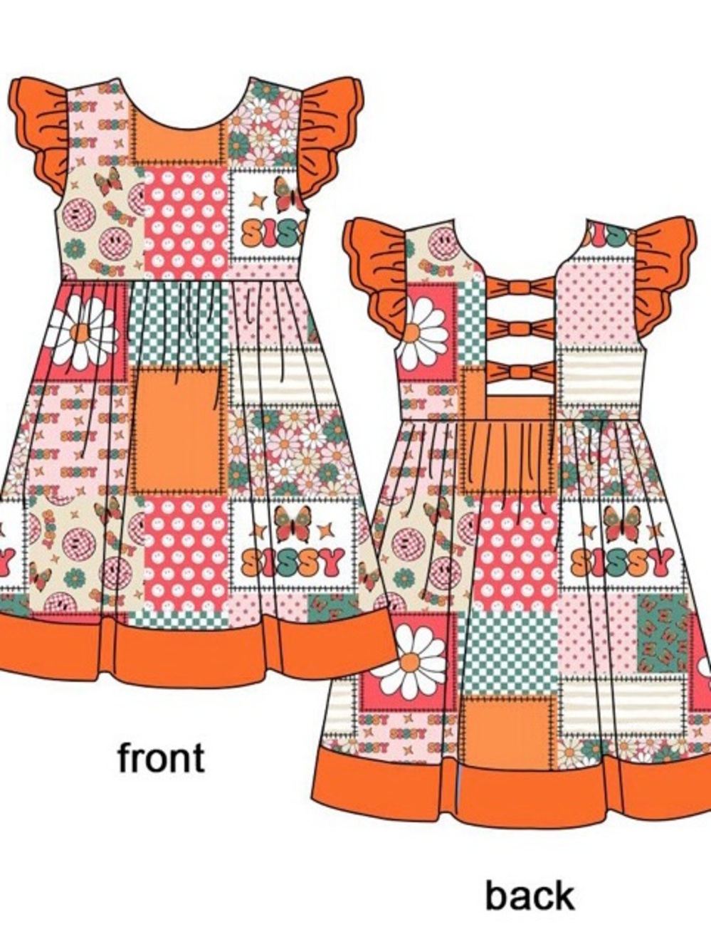BAMBOO Patchwork Flutter Sleeve Dress in Orange, Pink and Cream